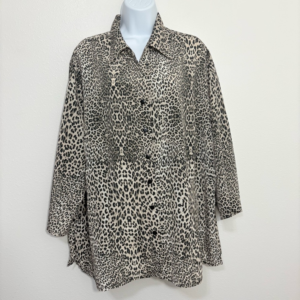 Donnkenny Leopard Print Button-Down Wide Sleeve Shirt Sz2X Mobwife Timeless